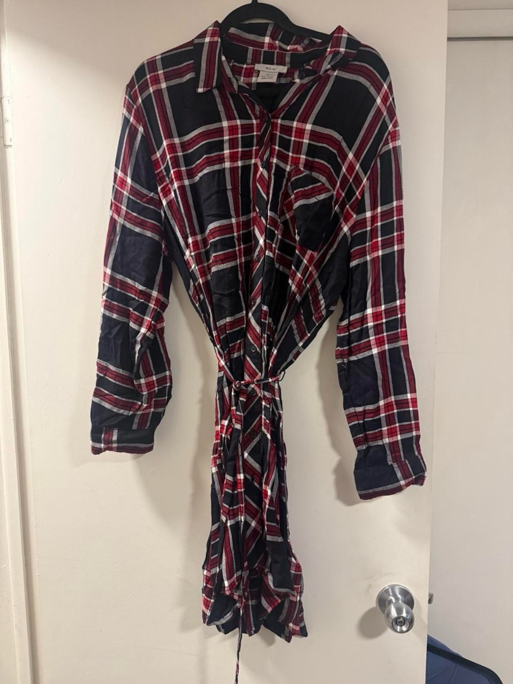Women’s Long-Sleeve Plaid Shirt Dress in Navy and Red